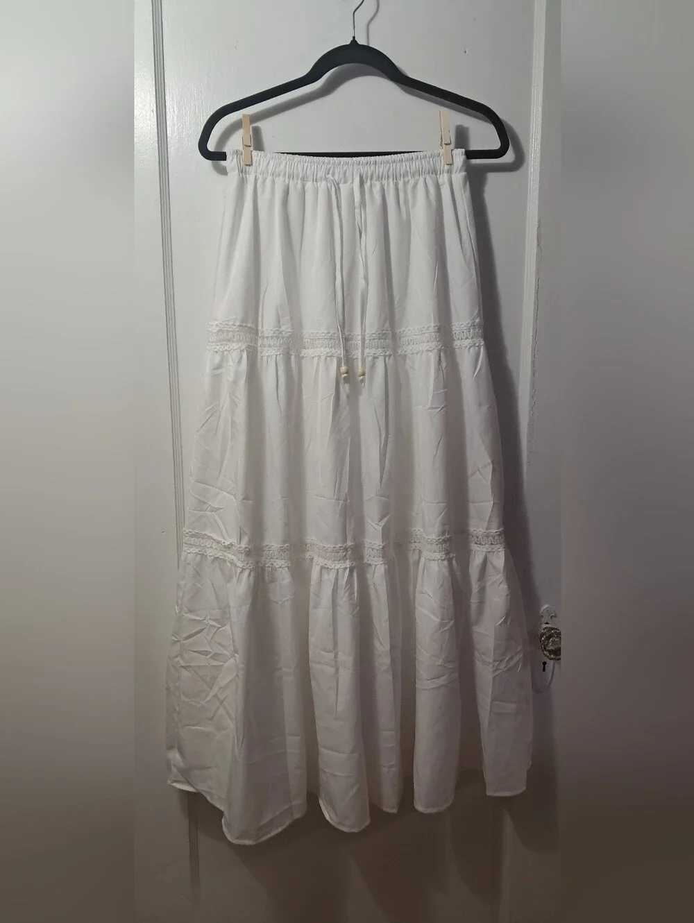 White Drawstring Waist Tiered Midi/Maxi Skirt With Lace & Beaded Details - Picture 2 of 5